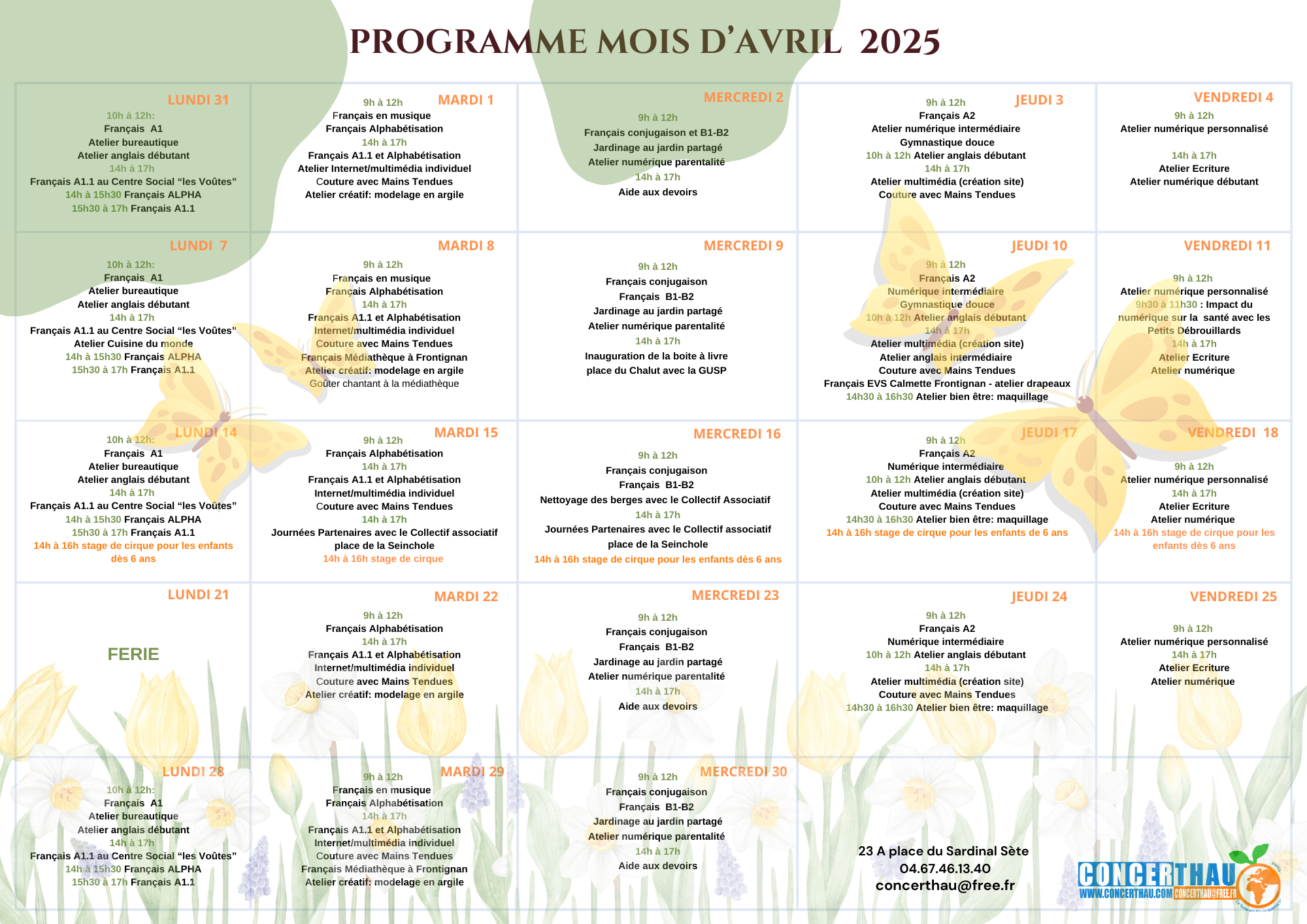 Calendrier du mois d’Avril